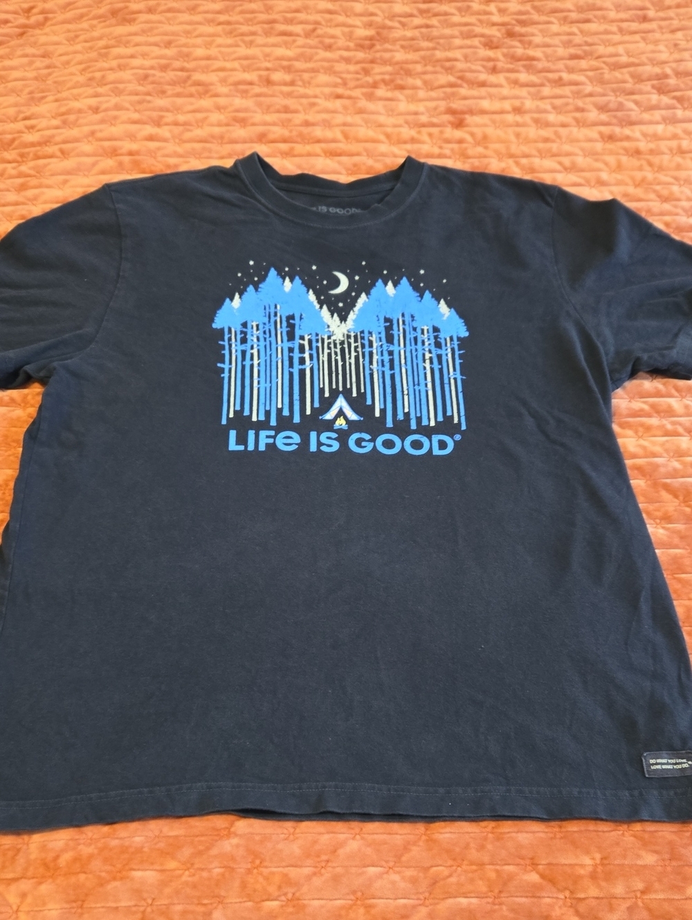 Life Is Good Black Tee with Light Blue Forest Graphic Lg. Xlnt.cond.mens
